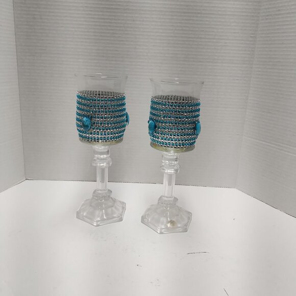 Handmade Crystal Candle Holders – Teal & Silver Jeweled Design (Set of 2) - Picture 2 of 2